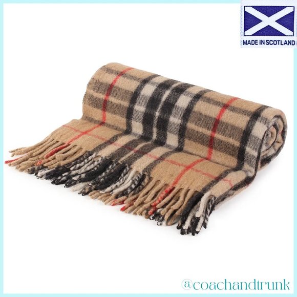 SCOTTISH IMPORTED THROW BLANKET Tan Red Black Ivory White Wool NWT - Picture 4 of 9